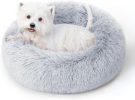 Calming round Dog Bed & Cat Bed for Indoor Cats, Medium Size Washable Anti-Slip Anti-Anxiety Donut Dog Beds for Small Dogs & Cats, Fluffy Plush Soft Dog Bed(20 Inch, Light Grey)