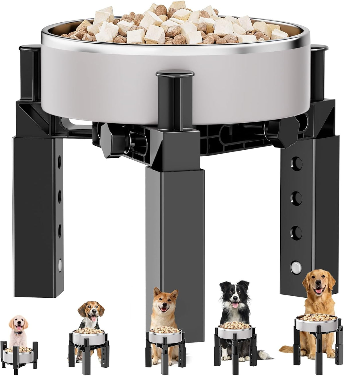 Aystkniet Dog Bowl Stand with Adjustable Height & Width, Anti-Slip Elevated Food Water Bowl Holder for Large Medium Small Dogs, Durable Raised Dog Feeder for Lifted Feeding, Only Stand without Bowls