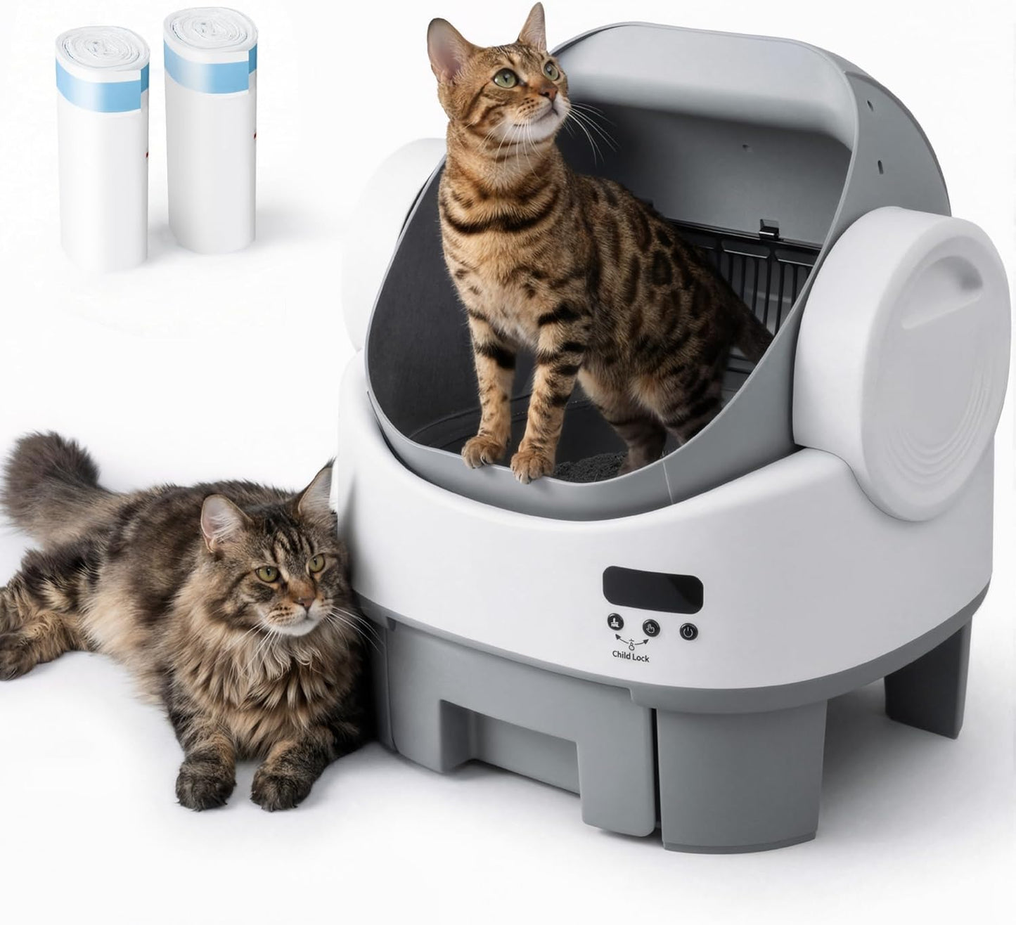 WARCAT Self-Cleaning Cat Litter Box, Open-Top Automatic Litter Box with Child Lock, 10L Large Capacity Waste Drawer, No APP Required, Includes Garbage Bags & Cleaning Mat (Gray)
