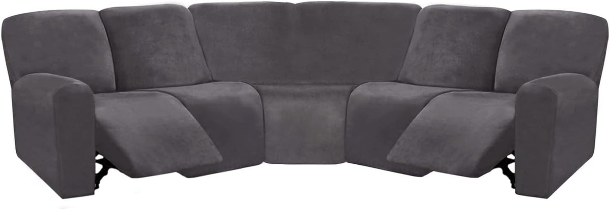 ULTICOR 7-Piece Sectional Sofa Covers, Velvet Stretch Reclining Couch Covers for Reclining L Shape Sofa, Thick, Soft, Washable (Dark Grey, 5 Seat Recliner Cover)