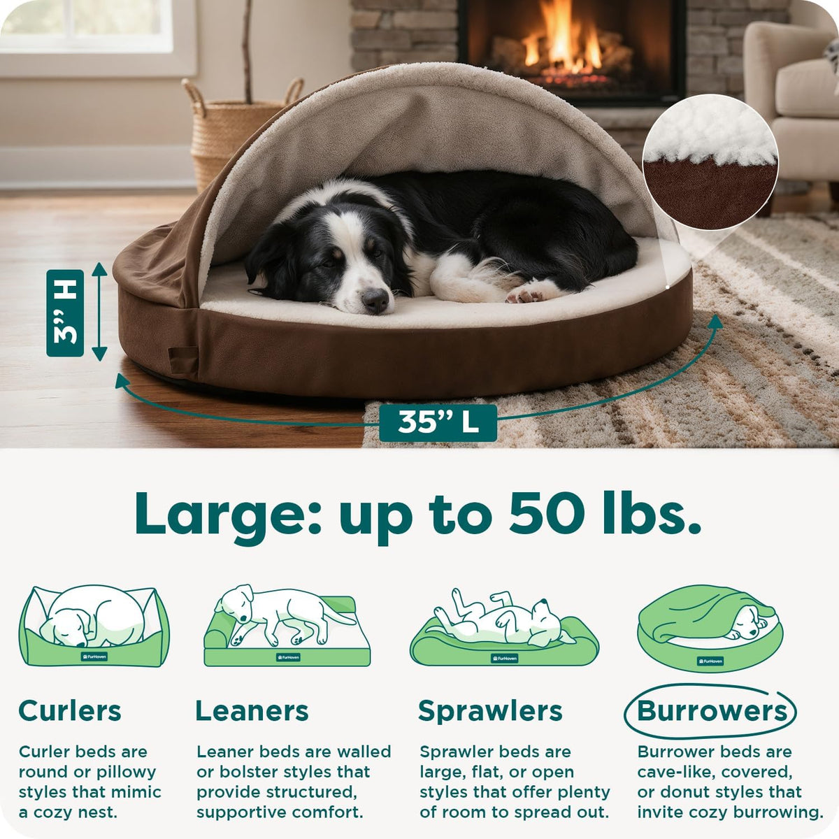 Furhaven round Orthopedic Dog Bed for Large Dogs, Cool Gel-Top Foam with a Solid Orthopedic Foam Base, Attached Blanket Hood and Washable Cover, Large, Faux Lambswool & Suede Snuggery, Espresso