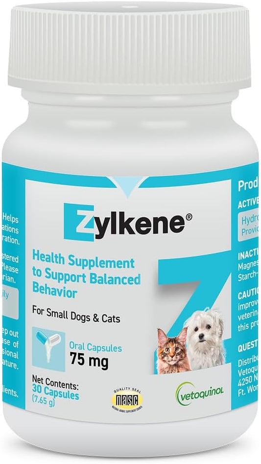 Vetoquinol Zylkene - Calming Oral Capsule for Small Cats & Dogs 11–22 Lb - for Behavior & Occasional Anxiety - Perfect for Boarding, Vet Visits & Celebrations - Non-Drowsy & Lactose-Free - 30 Capsules