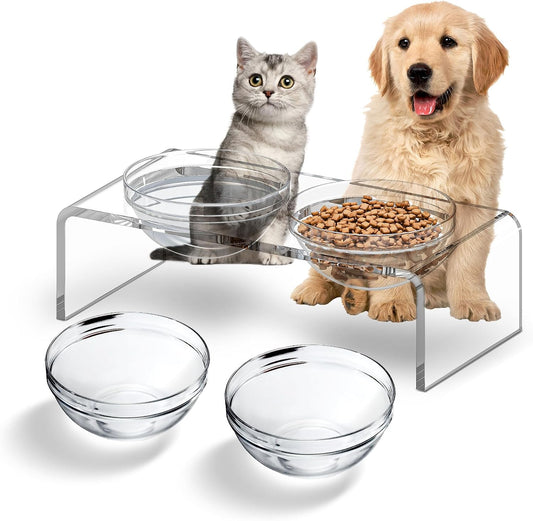 Acrylic Pet Feeder Stand Set for Food Water with 2 Set Glass & Plastic Bowls, Raised Dishes Rack Suitable for Puppies, Kittens and Small Dogs, Clear