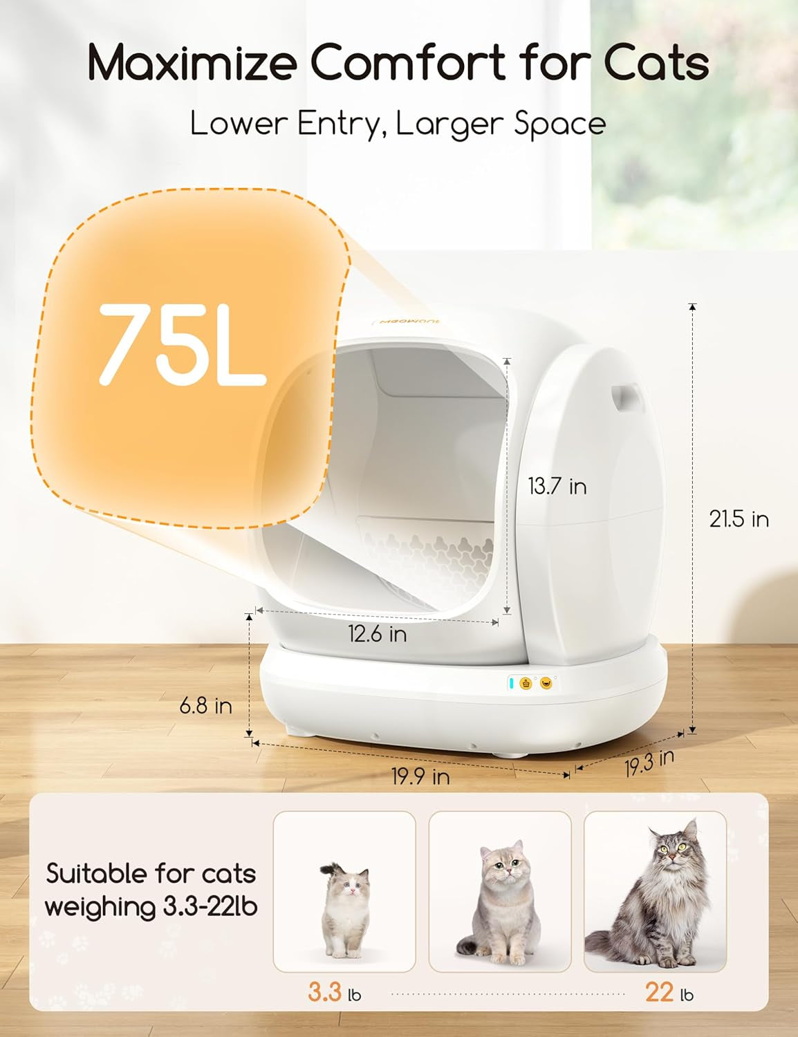Meowant Self-Cleaning Cat Litter Box, 75L Extra Large Open Automatic Cat Litter Box for Multi Cats, Integrated Safety Protection/App Control/Odor Removal Smart Box with Mat & Liner