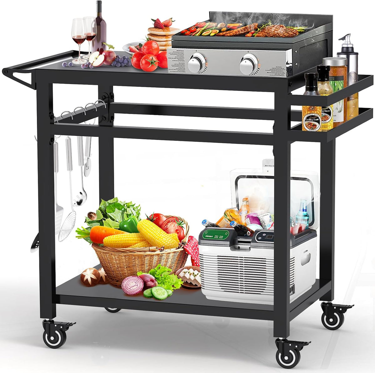 32" Double-Shelf Grill Table, Movable Grill Cart for Ninja
