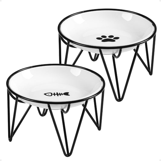 Ceramic Cat Bowls, 2 Pack - Raised, Whisker Friendly, Anti-Vomiting Cat Food Plates - Hygienic, Secure Material, Elegant Stand, 10 Oz, for Indoor Cats & Kittens