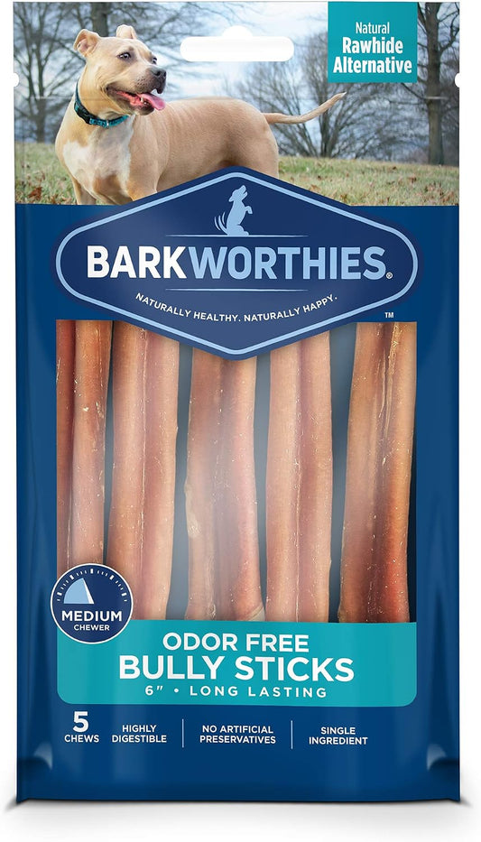 Barkworthies Odor-Free 6 Inch Bully Sticks - 5 Count (Pack of 1) - Protein-Packed, Easily Digestible, All-Natural Rawhide Alternative, Promotes Dental Health