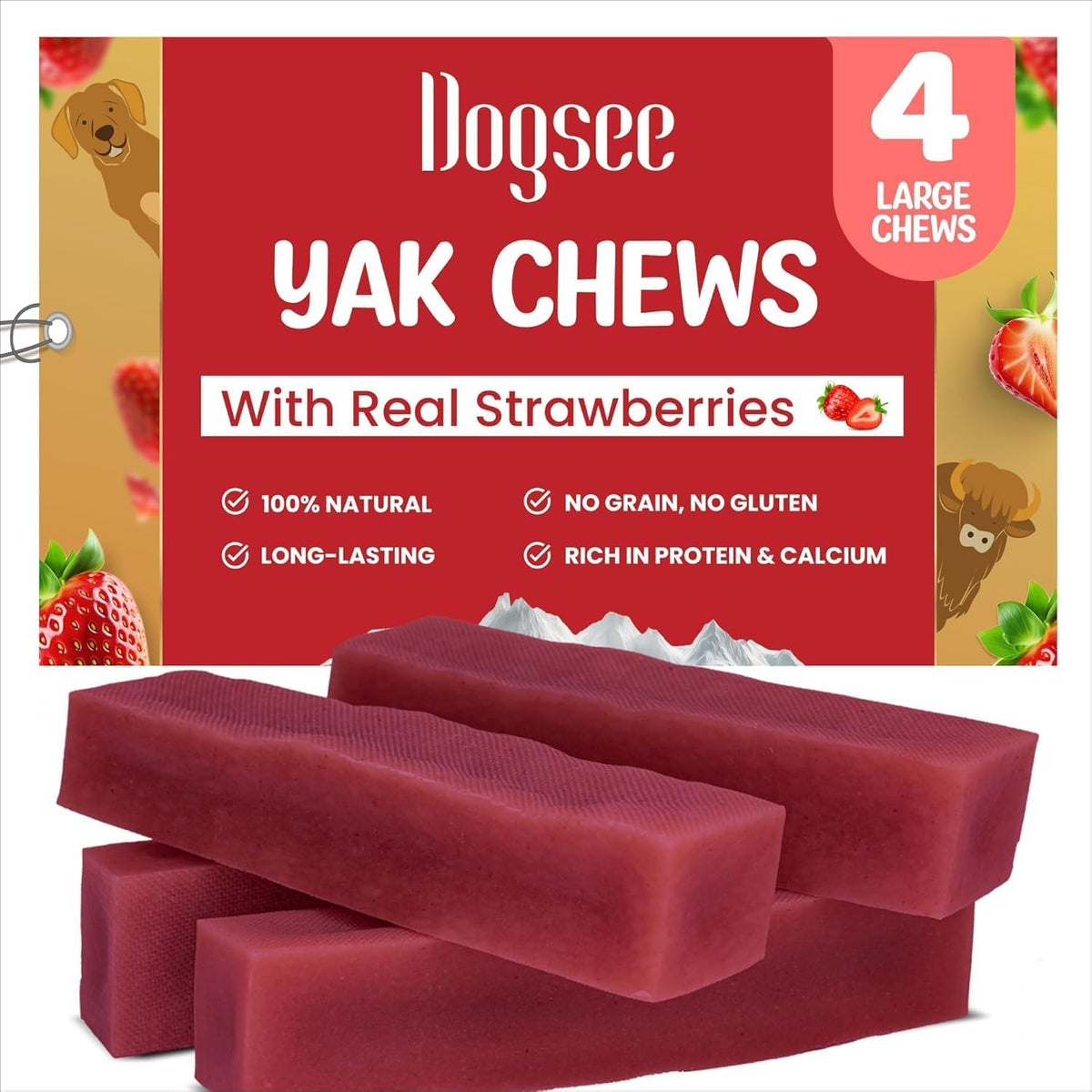 Dogsee Himalayan Yak Cheese Dog Chews with Strawberry (Large - 4 Bars) Fruit Flavored, 60% Protein, Dog Treats Healthy Immunity Boost for Dogs Fight Plaque & Tartar Dogs Chews Long Lasting