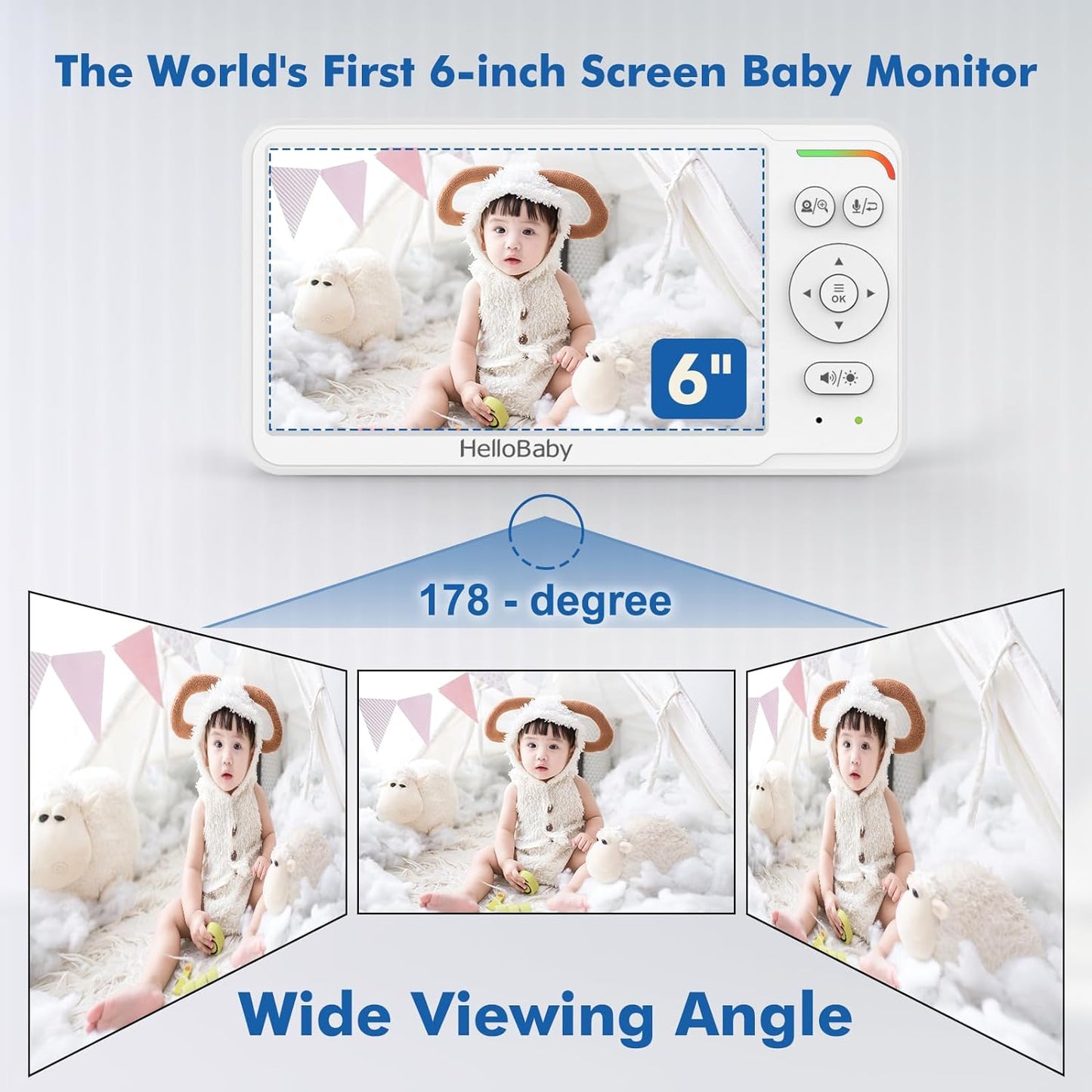 Hellobaby Baby Monitor 6" World First IPS Screen 30H Battery, Secure No Wifi, Pan Tilt Video Camera with Night Vision, VOX, 2-Way Talk, 1000Ft, Portable Video Audio Monitor Ideal for Mom, Elderly, Pet