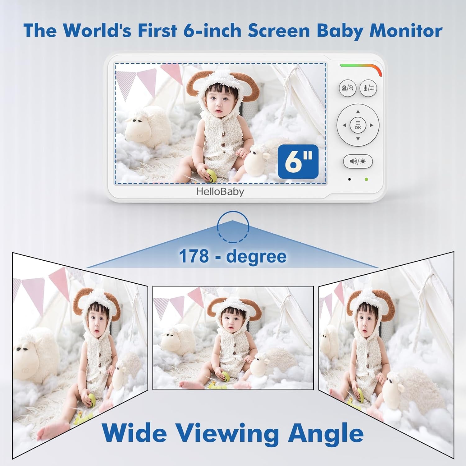 Hellobaby Baby Monitor 6" World First IPS Screen 30H Battery, Secure No Wifi, Pan Tilt Video Camera with Night Vision, VOX, 2-Way Talk, 1000Ft, Portable Video Audio Monitor Ideal for Mom, Elderly, Pet