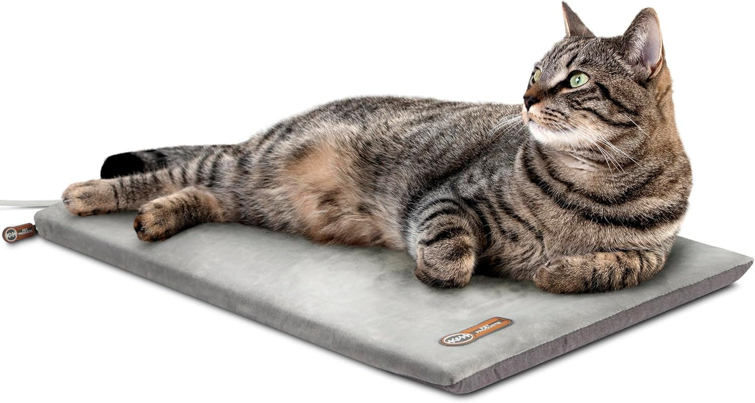 K&H Pet Products Heated Cat Bed Pad for Indoor Cats, Thermo-Kitty Mat Calming Warm Pet Heating Pad for inside Pets, Machine Washable, Waterproof Heater, Safety Listed - 12.5 X 25In Gray