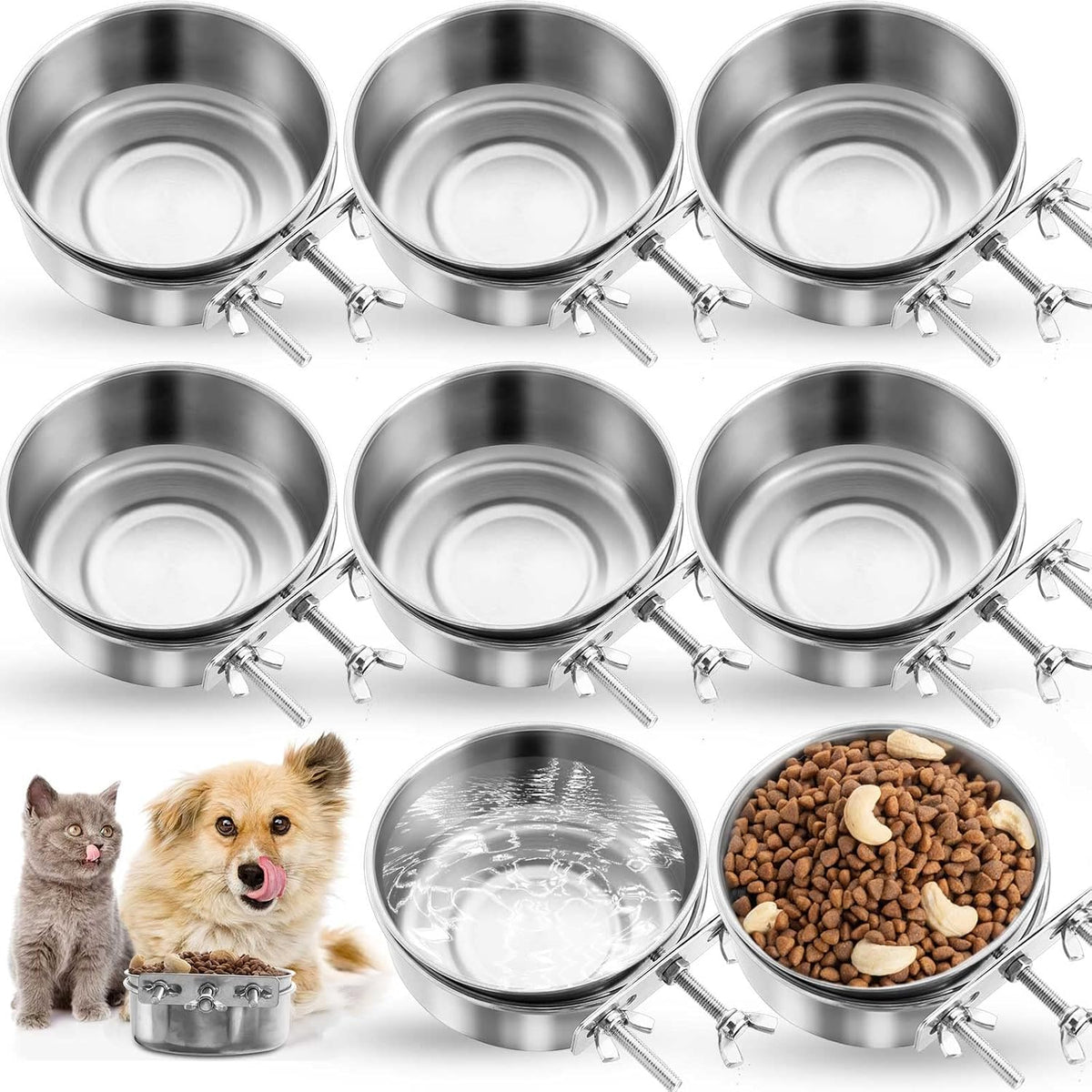 Zubebe 8 Pcs Stainless Steel Hanging Dog Crate Bowls, Non-Spill Kennel Food Water Bowls with Screw Clamp Attach Holders, Removable Mountable Metal Cage Feeder for Pet(41 Oz)