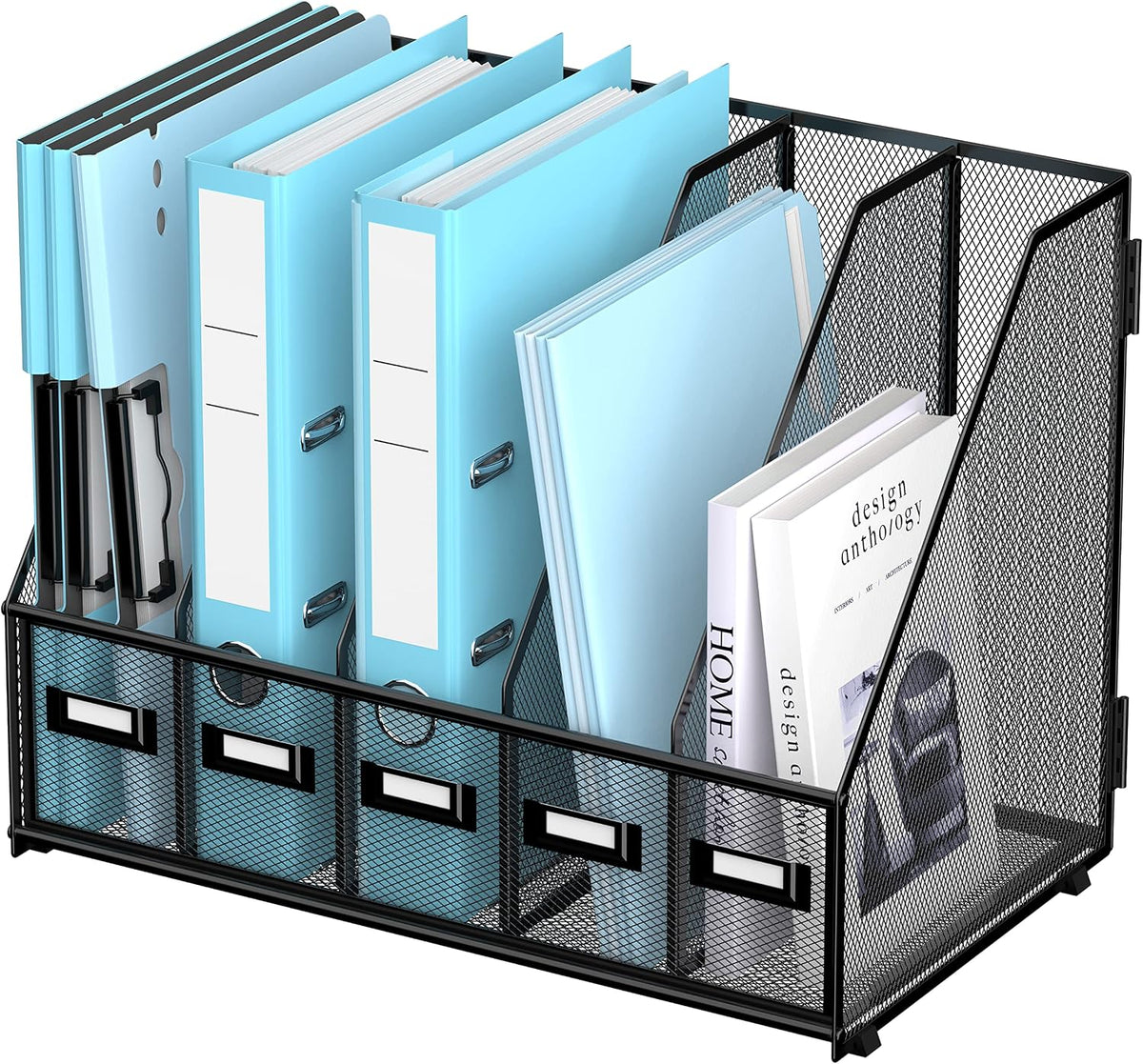 Desk Organizers Metal Desk Magazine File Holder with 16''X12''X12'' 5 Vertical Compartments Rack File Organizer for Office Desktop, Classroom, Home Workspace, Black Plus