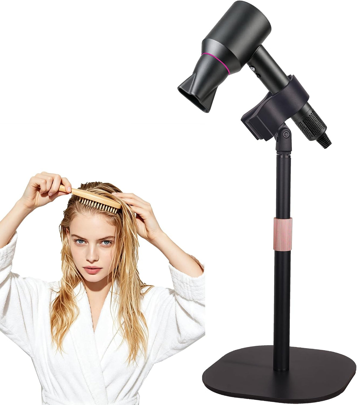 Hair Dryer Stand Holder Hands Free for Vanity Desk Blow Dryer Holder, Height Adjustable, 360° Rotating, Stable Base, Fits Most Hair Dryer, Countertop