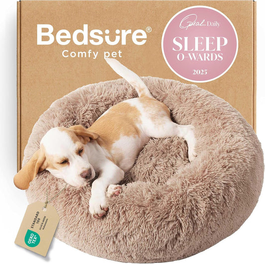 Bedsure Calming Small Dog Bed Donut Washable Cat＆Puppy Bed,23 Inches Camel | Oprah Daily Award,Fluffy Faux Fur round Cuddler,Anti-Slip Bottom,Anti-Anxiety,Deep Sleep for Large Cat & Pets up to 25 Lbs