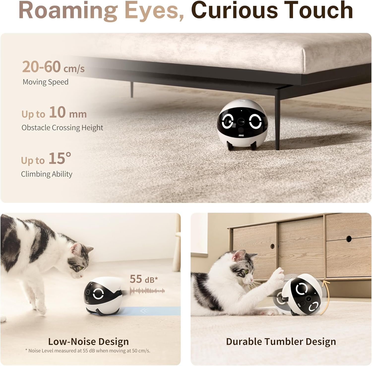 Enabot EBO ROLA Mini Familybot 2K Pet Camera Robot: Movable Indoor Camera Battery-Powered with Phone App, One-Touch Call, 2-Way Talk, Night Vision, Motion Detection, Video Recording