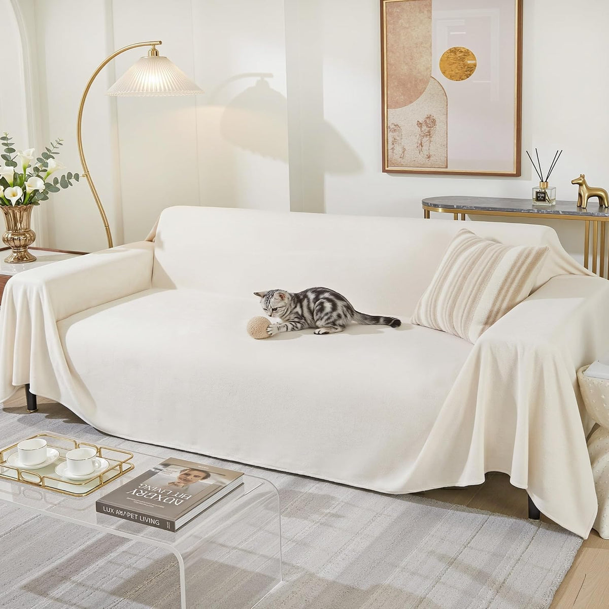 MEETSKY Sectional Couch Cover for 3 Cushion Sofa Washable, Cat Scratch Proof Sofa Covers, Furniture Protector Oversized L Shape Big Sofa Slipcovers for Dogs, 91" X 150", Creamy White