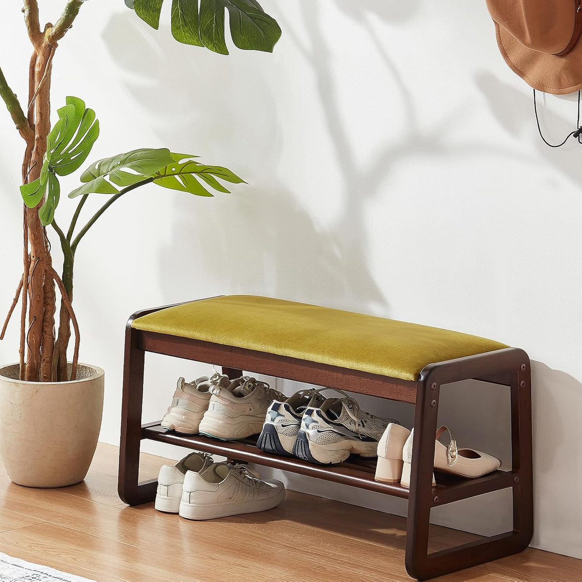 Shoe Rack Bench, 2 Tier Solid Wooden Entryway Bench(Olive Green, 31.5")