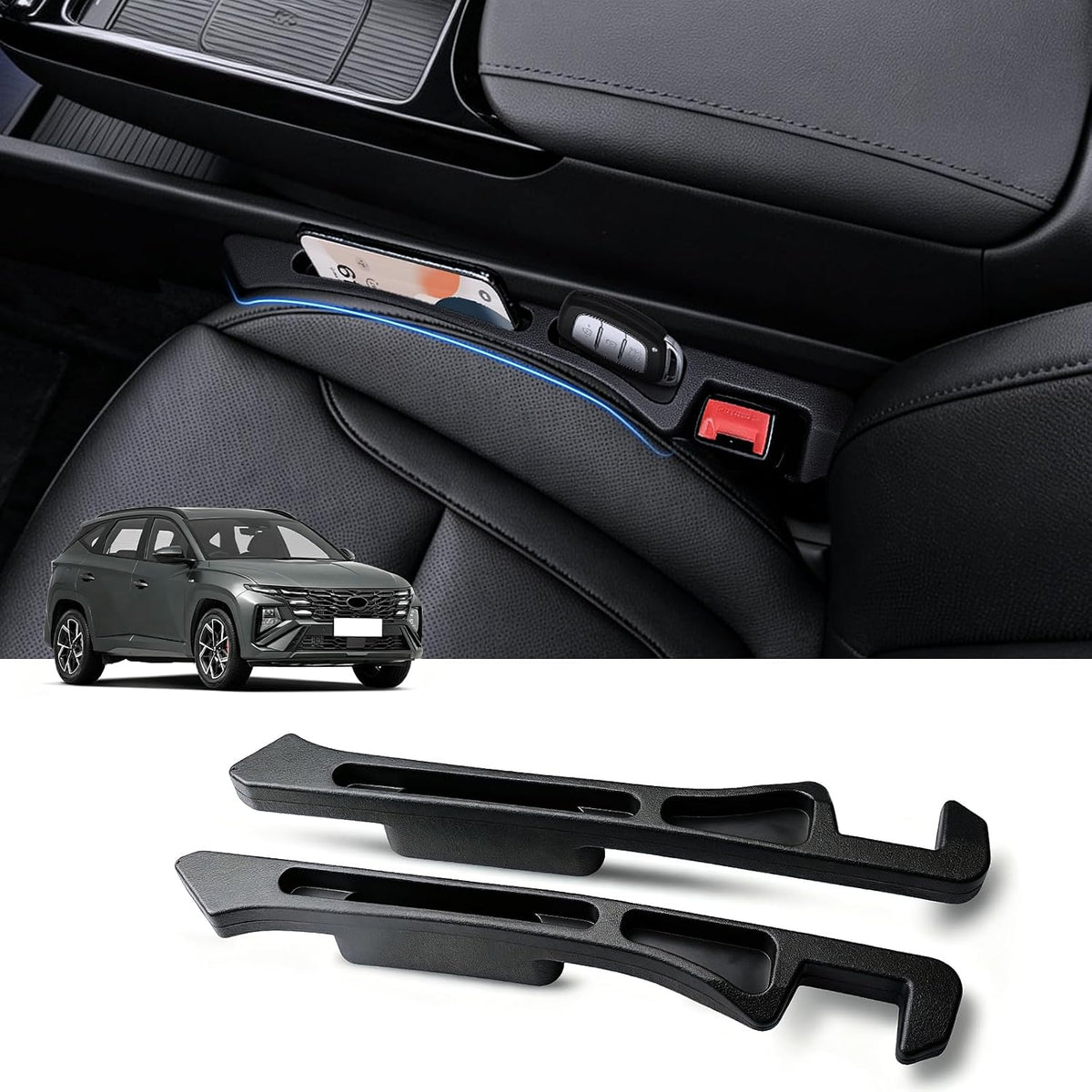 【Compatible with Hyundai Tucson】 Car Seat Gap Filler, PU Leather 2-In-1 Car Seat Gap Organizer with Storage Slots & Charging Port, Anti-Drop Seat Gap Catcher, 2-Pack Car Interior Accessories