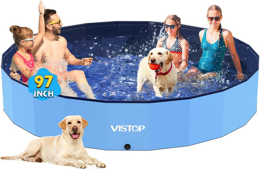VISTOP Jumbo Foldable Dog Pool, Hard Plastic Shell Portable Swimming Pool for Dogs Cats and Kids Pet Puppy Bathing Tub Collapsible Kiddie Pool (97Inch.D X 15.7Inch.H, Blue)
