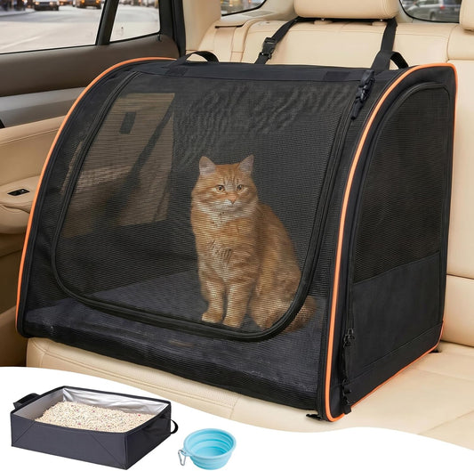 Cat Car Seat, Enclosed Carrier for Pets Travel Safety Cat Crate with Litter Box Soft-Sided Covered Car Kennel Carrier for Backseat