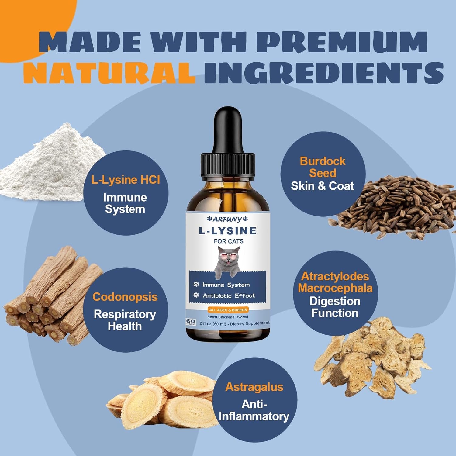 L-Lysine Supplement for Cats - Immune Support - 60ML Lysine for Feline Respiratory, Sneezing, Runny Nose, Eye Function - Natural Cat Antibiotic Drops - Roast Chicken Flavor