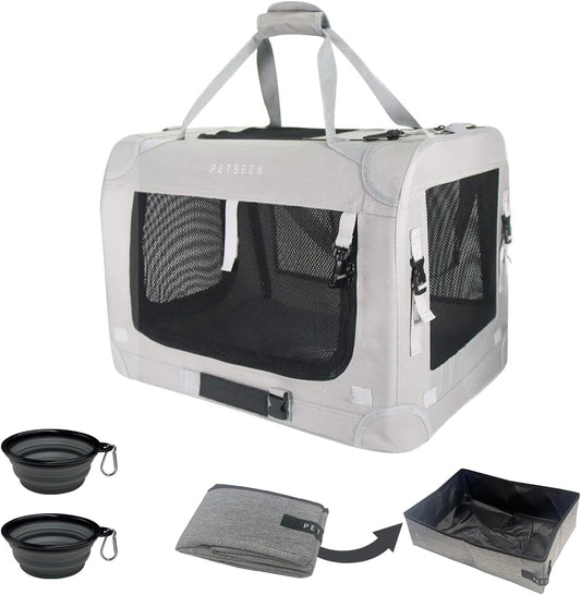 Extra Extra Large Cat Carrier Soft Sided, Portable Small Dog Carrier for 2 Cats, 24"X16.5"X16" Car Travel Folding Comfortable Design with Litter Box and Bowls, Grey+ Litter Box+ Bowl*2