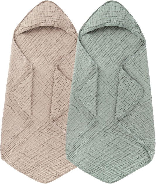 Synrroe 2 Pack Hooded Muslin Cotton Baby Towels (Green/Brown), 32 by 32 Inches, Ultra-Soft & Breathable for Baby Bath Time