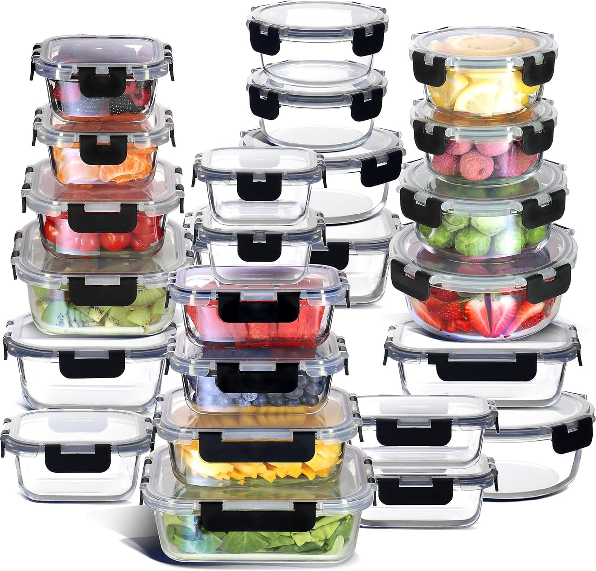Nestl 48Pc Glass Storage Containers with Lids, 24 Glass Food Storage Containers with 24 Airtight Lids for Pantry & Kitchen, Meal Prep Containers for Lunch, Oven Microwave & Dishwasher Safe, Black