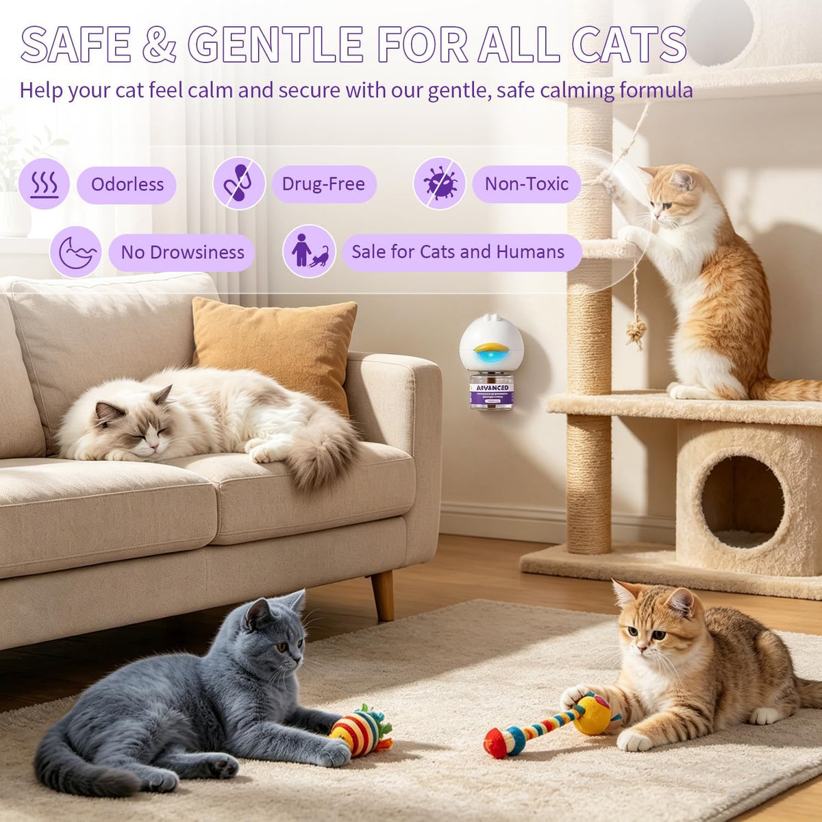 Cat Calming Diffuser Kit with 2 Diffusers & 4 Refills (48Ml Each), Cat Pheromones Calming Diffuser for Cat Anxiety Relief, Stress Reduction & Behavior Support, 30-Day Refills, Suitable for All Cats
