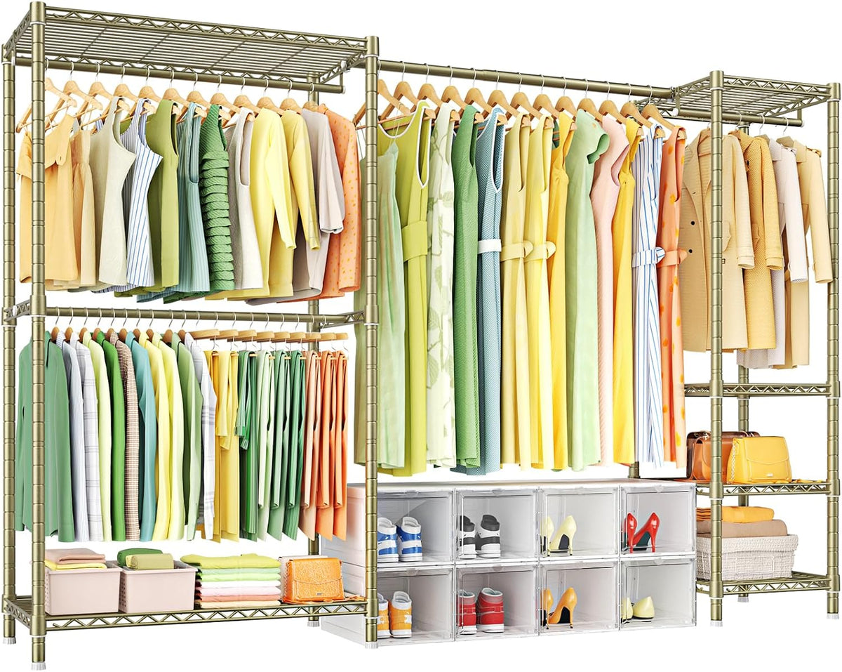 Ulif E10 Clothes Rack（With Stretchable Hanger Rod）Freestanding Clothing Racks for Hanging Clothes，Adjustable Closet Organizer System，Portable Garment Rack 73-97"W X 15" D X 72" H，Max Load 800Lbs，Gold