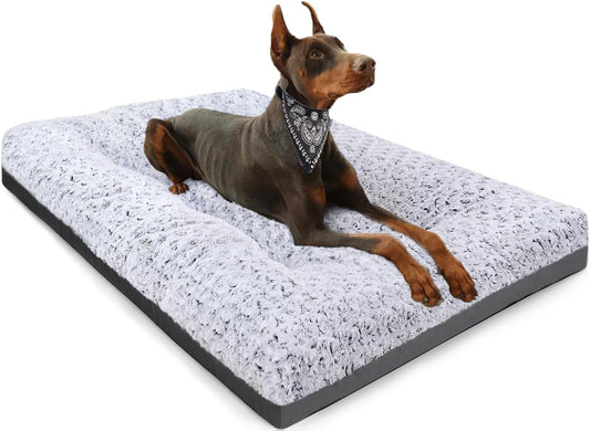 POCBLUE Deluxe Washable Dog Bed for Large Dogs Dog Crate Mat 35 Inch Comfy Fluffy Kennel Pad Anti-Slip for Dogs up to 60 Lbs, 35" X 23", Grey
