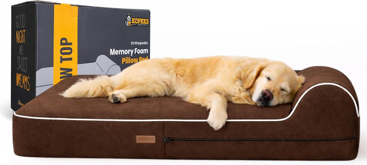 KOPEKS Orthopedic Memory Foam Dog Bed 7" Inch Thick Extra Large Dog Bed with Pillow Brown 50"X34"X10" Includes Waterproof Liner & Durable Removable Cover with Smart Design
