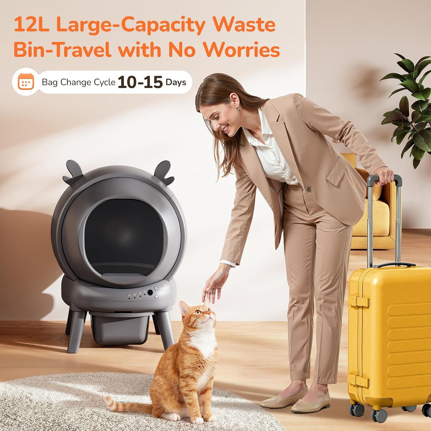 Automatic Self Cleaning Litter Box, Cat Litter Box, Robot Litter Box | APP Control, 65L Globe, Dual Safety Sensors, 1 Roll Garbage Bags, Litter Mat, <35DB, Grey