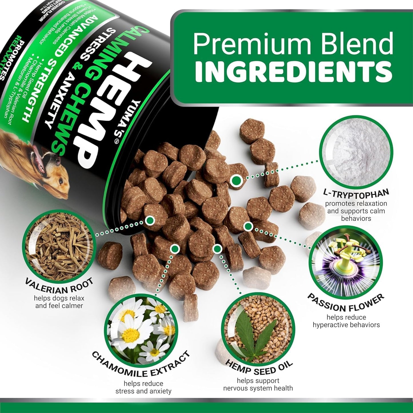 Advanced Calming Chews for Dogs - Hemp Dog Calming Chews - Anxiety Relief Treats with Melatonin, Hemp Oil - Separation Aid, Stress, Hip and Joint Supplement for Canine Health Support - Made in USA