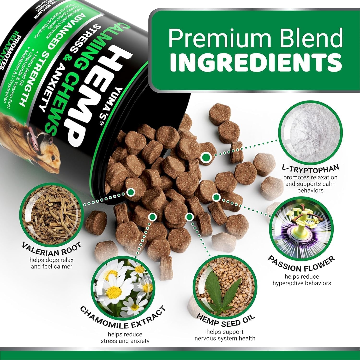 Advanced Calming Chews for Dogs - Hemp Dog Calming Chews - Anxiety Relief Treats with Melatonin, Hemp Oil - Separation Aid, Stress, Hip and Joint Supplement for Canine Health Support - Made in USA