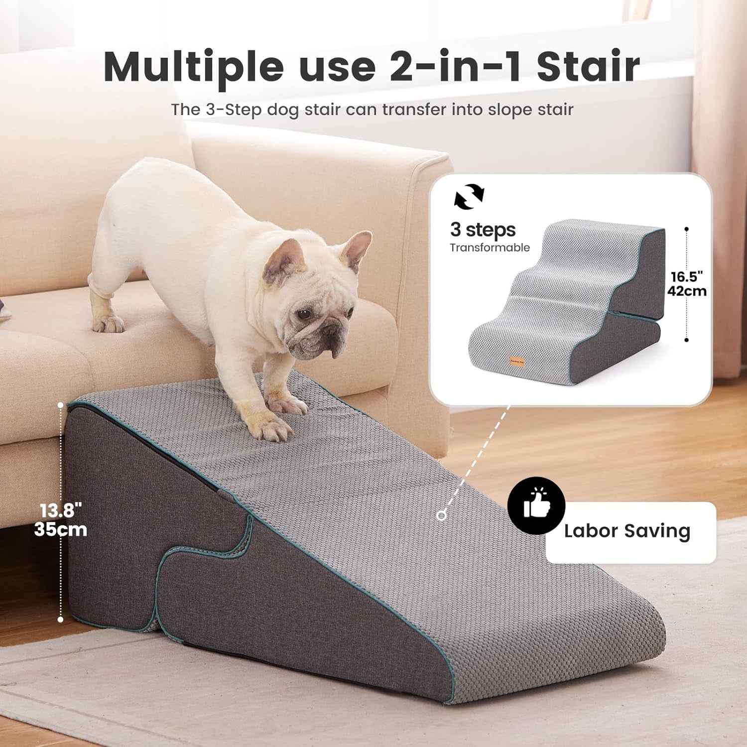 Gardner Pet Dog Stairs for Small Dogs 16.5" H, 2 in 1 Transformable 3-Step Pet Stairs and Ramp, Dog Steps for Couch (13-20 In) with Durable Non-Slip Waterproof Cover and Certipur-Us Certified Foam