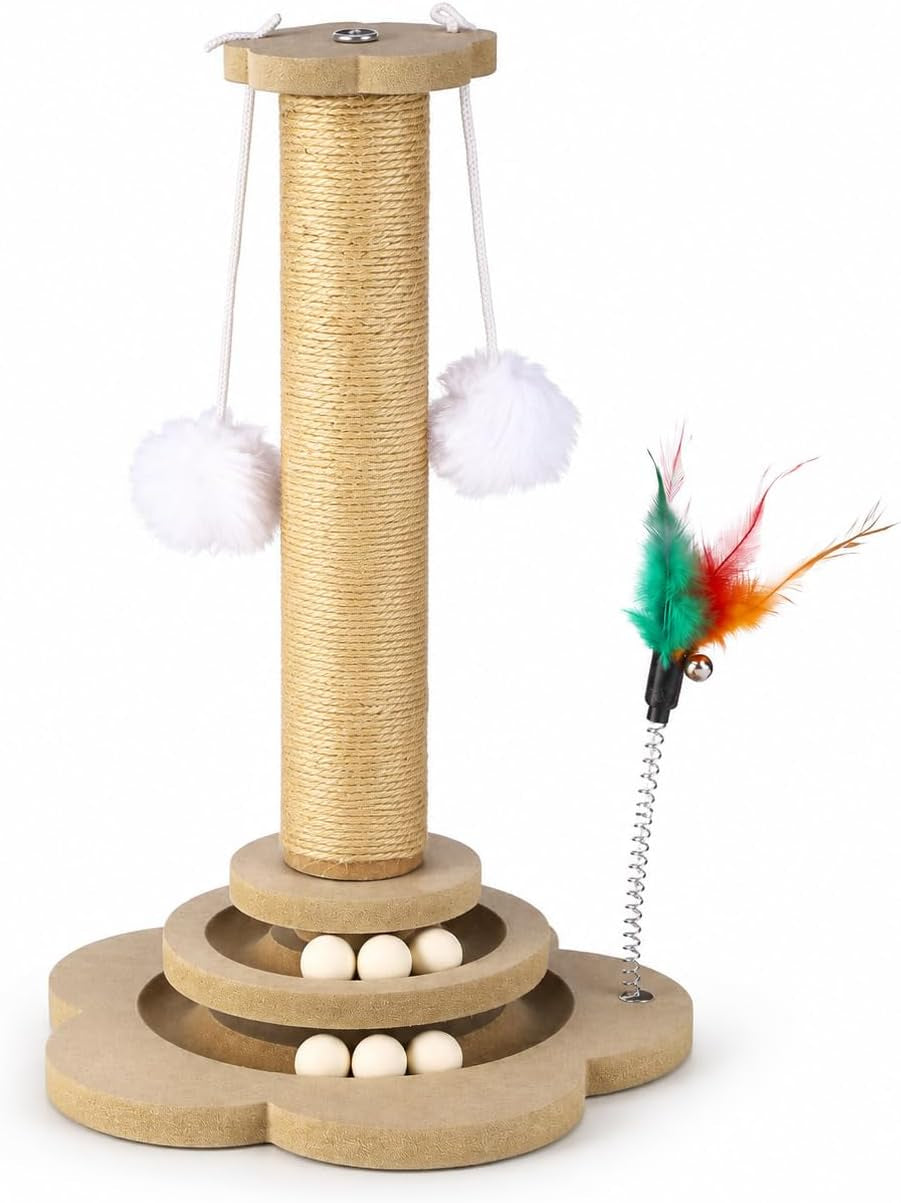 Cat Scratching Post for Kittens, 4-In-1 Scratcher with 2-Layer Track Ball Toy, Natural Sisal Scratch Post with Spring Feather and Hanging Pompoms, Interactive Cat Toys for Indoor Small Medium Cats