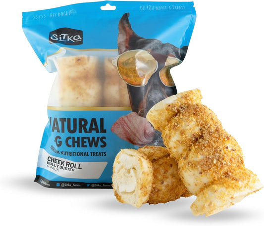 Sitka Farms Bully-Dusted Beef Cheek Rolls, Dog Chews, 5-6 Inch, 4 Count