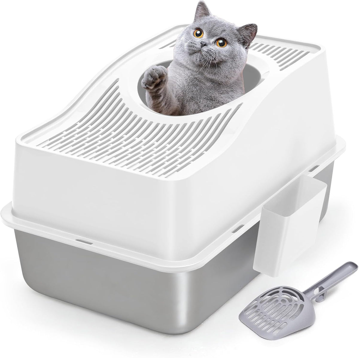Top Entry Cat Litter Box with Lid, Stainless Steel Enclosed Cat Kitty Litterbox, Top Opening Large Enclosure Metal High Side Litter Pan Tray Box with Scoop, Dog Proof, Easy Cleaning, White