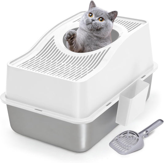 Top Entry Cat Litter Box with Lid, Stainless Steel Enclosed Cat Kitty Litterbox, Top Opening Large Enclosure Metal High Side Litter Pan Tray Box with Scoop, Dog Proof, Easy Cleaning, White