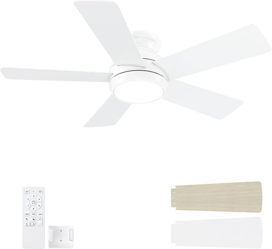 POCHFAN 42 Inch White Ceiling Fans with Lights and Remote, LED Low Profile Flush Mount Ceiling Fan for Bedroom, Living Room, Patio, Quiet DC Motor, 5 Blades