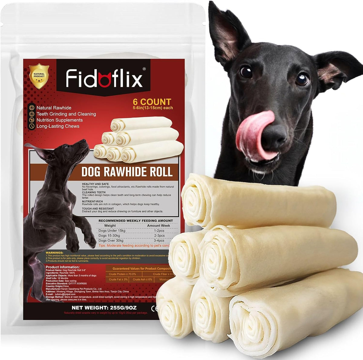 Dog Rawhide Chews,Long Lasting Rawhide Rolls Rawhide Sticks,Natural Flavor Dog Beefhide Treats,5-6 Inch Digestible Single Ingredient Dog Rawhide Bones for Midium Large Dogs (6 Pack)