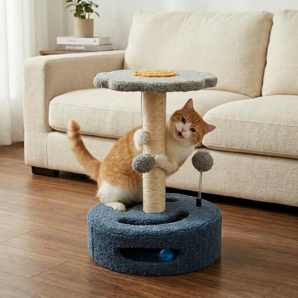 18" Tall Cat Scratching Post with Platform, Replaceable Sisal Pads, Hanging Ball & Interactive Toy, Sturdy Scratcher for Indoor Cats Grey.