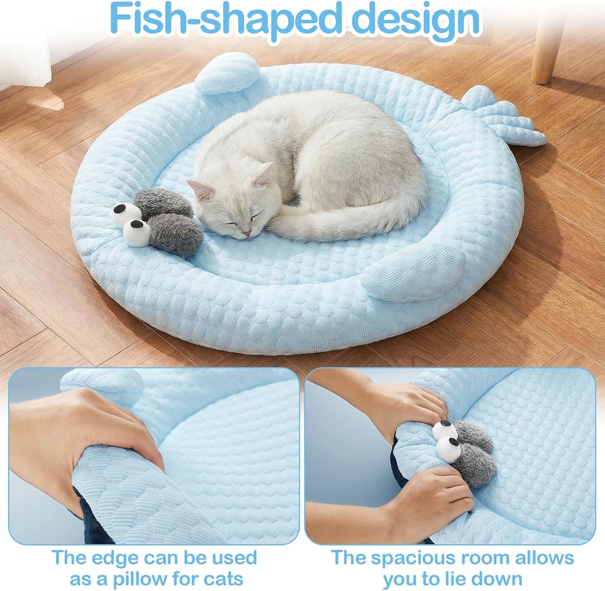 Hillban Cat Cooling Bed Mat Fish Shaped Pet Cooling Mat for Cats or Small Dogs 24.8'' X 20.47'' Cat Cool Bed Comfortable and Soft Cool Pad Washable Non-Slip Bottom Use in Floor Sofa Chair Kennel