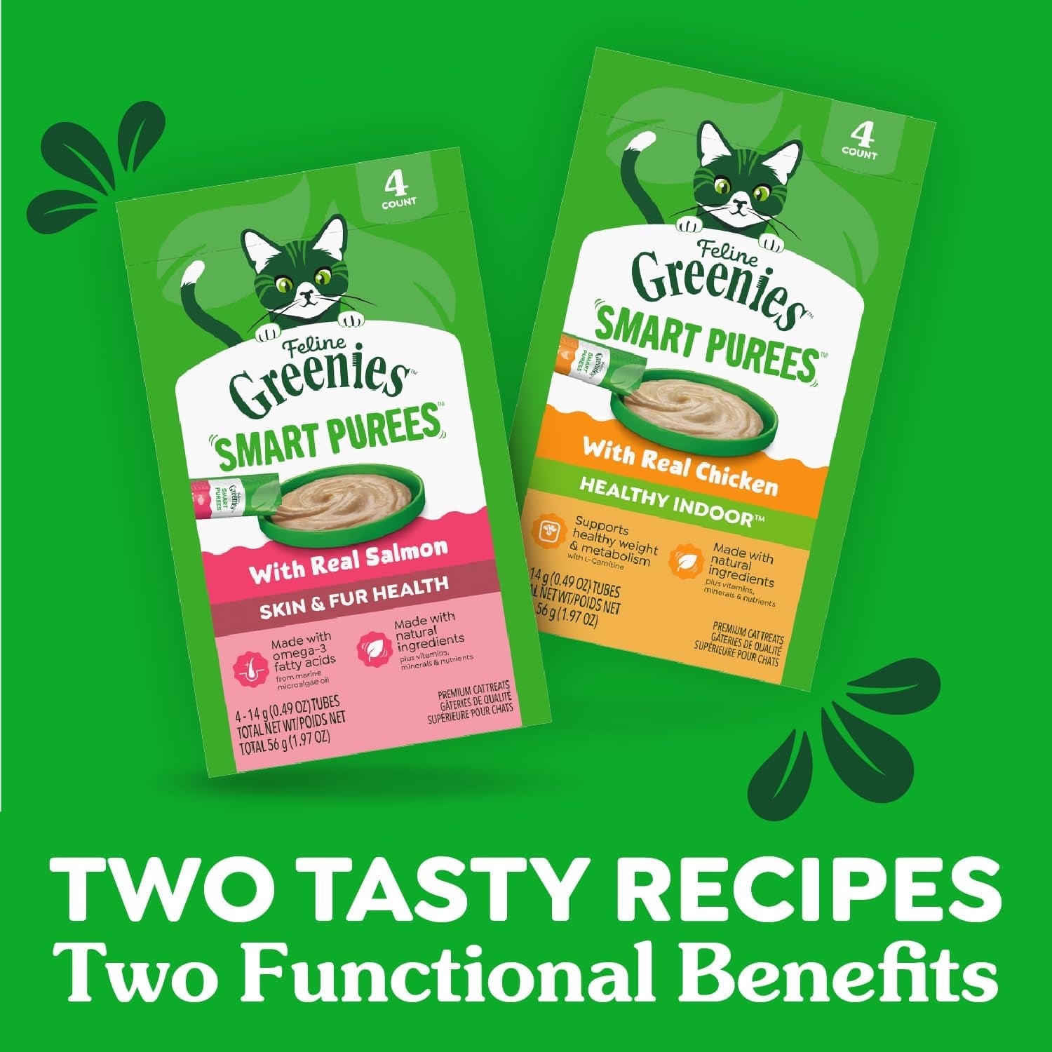 Greenies Feline Smart Purees Skin & Fur Health Lickable Cat Treats with Real Salmon, 0.49 Oz. Tubes, 20 Count