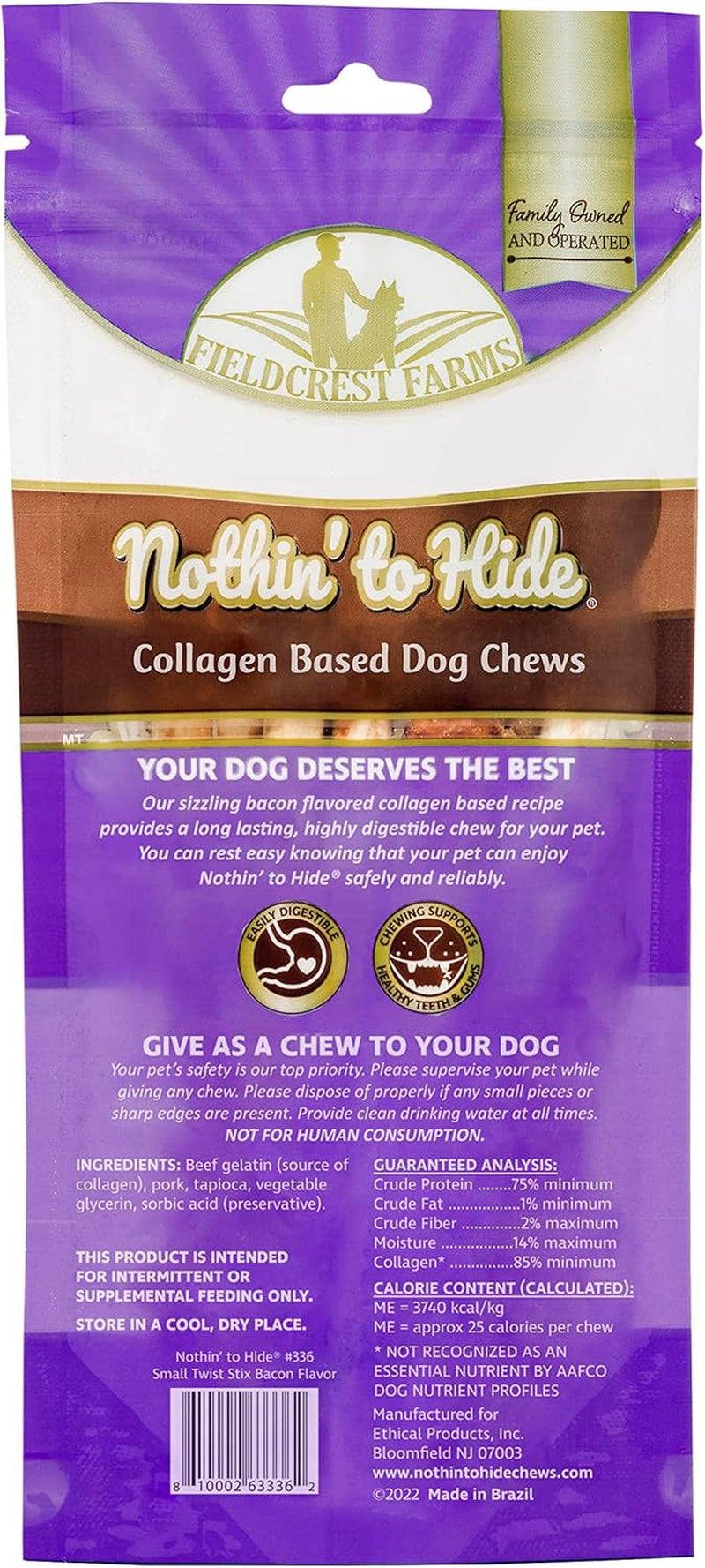 Fieldcrest Farms Nothing to Hide Natural Rawhide Alternative Twist Stix for Dogs - 3 Pack (30 Sticks) Premium Grade Easily Digestible Chews - Great for Dental Health (Bacon, Small Stix)