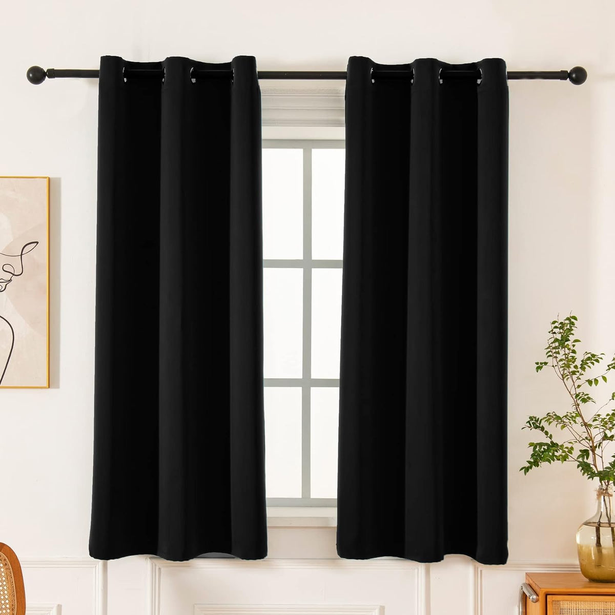 Pickluc Grommet Blackout Curtain for Bedroom, Light Blocking Drapes, Thermal Insulated, Noise Reduction, 42 Inches Wide X 63 Inches Long, Black, 2 Panels
