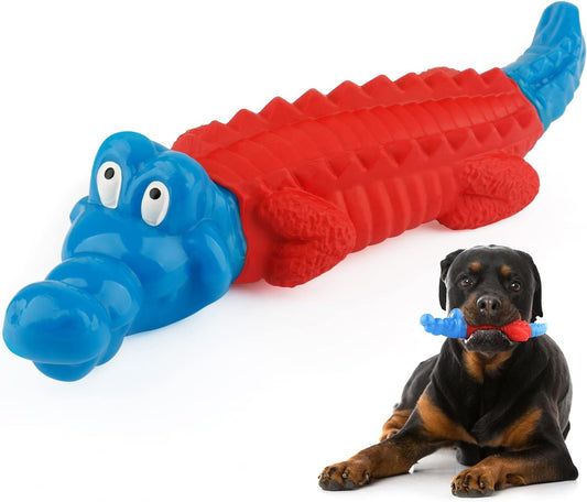 Petizer Non Squeaky Dog Chew Toys for Aggressive Chewers, Tough Nylon & Rubber Dog Toy with Real Beef Flavor, Durable Dental Teething Toy for Medium Large Breeds, Red and Blue Alligator