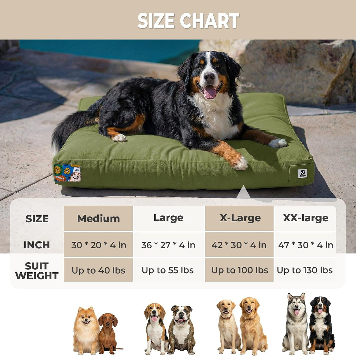 Sytopia 47 Inch Canvas Indestructible Dog Bed for XXL Dogs, Outdoor Chew Proof Pet Mat with Waterproof Washable Removable Cover, Indoor Patio Pet Pad, Indoor Patio Pet Pad, Green